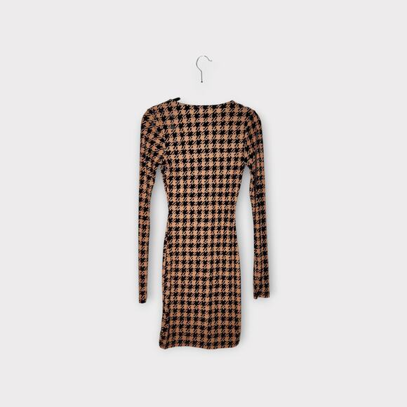 Naked Wardrobe Womens Herringbone Bodycon Dress M Tan Black Pattern Play - Picture 8 of 8